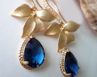 Earrings Blue Cobalt, Earrings Sapphire, Earrings Topaz Blue, Earrings Gold Flower, Bridal Earrings Blue, Bridesmaids Earrings Blue, Azaliya