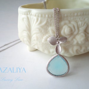 Beautiful Orchid Princess Necklace with Silver-Framed Sky Blue Crystal Quartz Pendant. Azaliya Luxury Line. Bridal, Bridesmaids Gifts.