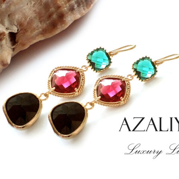 Princess Chandeliers in Gold. Ruby Quartz, Emerald Quartz & Onyx Black Crystals on Gold Plated Earwires. Azaliya Luxury Line. Gift.