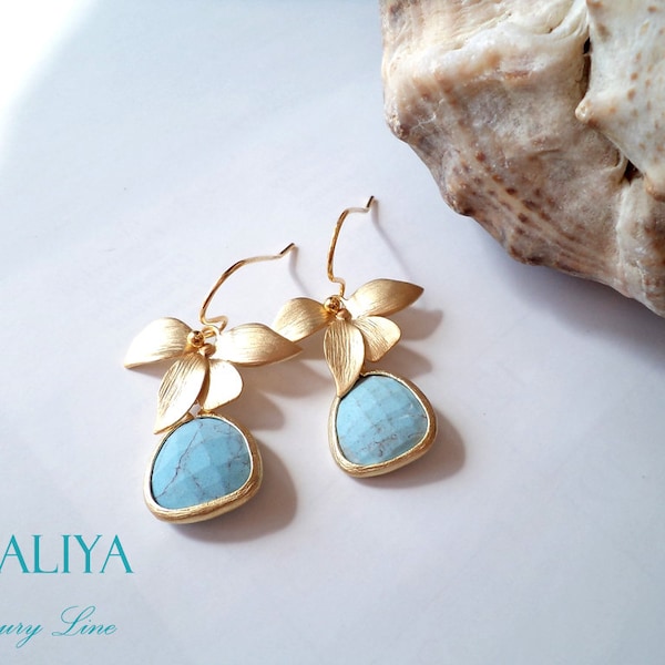 Orchid Palace Chandeliers with Teal Turquoise Blue Stones. Azaliya Luxury Line. Brides, Bridesmaids Earrings. Gift Wrapping.