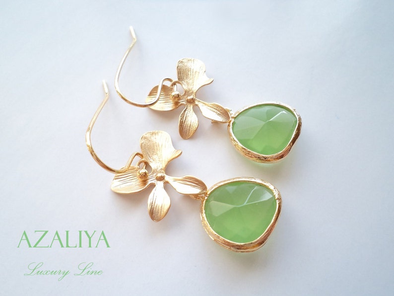 Orchid Earrings Gold Green Peridot Earrrings Fern Green Earrings Pastel Green Earrings Orchid Flower Earrings Green Crystal Earrings