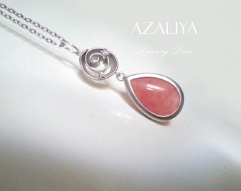 Strawberry Ice Necklace in Silver. Pink Crystal Necklace. Pink Drop Necklace. Rose Necklace. Azaliya Luxury Line. Bridal, Bridesmaids Gift.