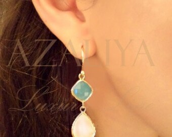 Gold Vermeil Earrings in Mint & Pink Shadow Opal. Chandeliers. Azaliya Luxury Line. Bridal, Bridesmaid Jewelry. Gifts.