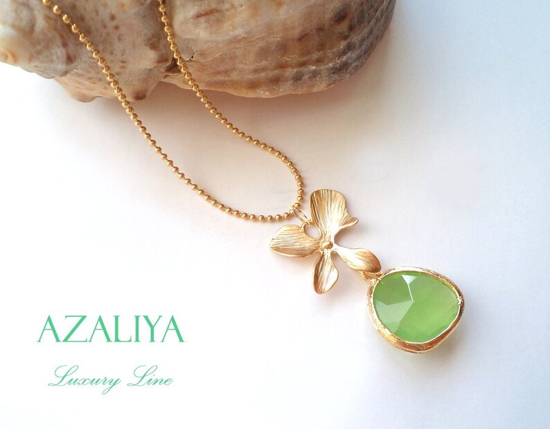 Orchid Earrings Gold Green Peridot Earrrings Fern Green Earrings Pastel Green Earrings Orchid Flower Earrings Green Crystal Earrings