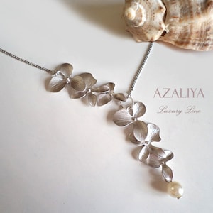 Wild Orchid Silver Necklace with Pearl Charm. Bridal Necklace. Azaliya Luxury Line. Bridal, Bridesmaids Gifts.
