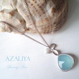 Beautiful Orchid Princess Necklace with Silver-Framed Sky Blue Crystal Quartz Pendant. Azaliya Luxury Line. Bridal, Bridesmaids Gifts.