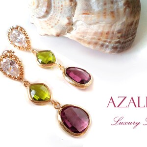 Zirconia Princess Chandeliers. Plum & Green Leaf Crystals on Cubic Zirconia Studs. Azaliya Luxury Line. Bridal, Bridesmaids Earrings. Gifts.