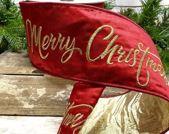 NEW IN 4" x 5 Yard Designer D Stevens Wreath Supply Fall Holiday Merry Christmas wired ribbon bow red dupioni gold