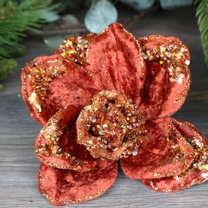 Christmas Holiday Fall Halloween Ornament Clip Floral Rose Glitter Velvet Rose Gold orange rust 7&quot;