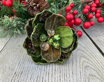 NEW  Christmas Holiday Fall Halloween Ornament Clip Silk Flower Floral Magnolia Glitter Velvet Moss Green Gold 5"