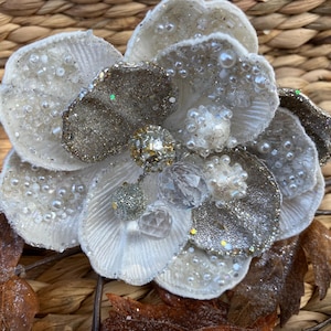 NEW  Christmas Holiday Fall Halloween Ornament Clip Silk Flower Floral Magnolia Glitter Velvet Ivory Cream Gold 5"