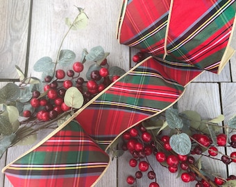 RIASSORTIMENTO Nastro di design 4" x 10 iarde - Fiocco con filo metallico a quadri per Natale, festività autunnali, rosso, verde, oro, dupion metallizzato, ideale per ghirlande.