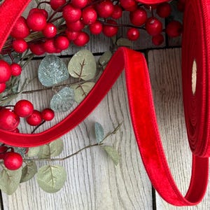May include: A spool of vibrant red velvet ribbon with a smooth, soft texture. The ribbon is unrolled and draped in a curved shape, showcasing its deep red color and consistent width. The material appears plush and opaque with finished edges.