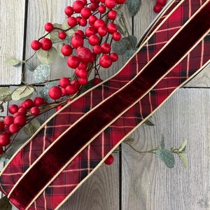 May include: A wide decorative ribbon featuring a red and black plaid pattern with a central dark red velvet stripe and thin gold metallic edges. The ribbon is positioned alongside a decorative branch with bright red berries and green leaves.