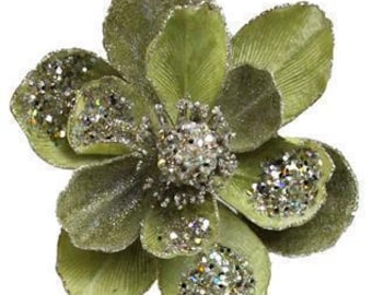 NEW 2025 Christmas Holiday Fall Halloween Ornament Clip Silk Flower Floral Magnolia Glitter Velvet Pistachio Moss Green Gold 8"