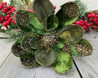 NEW  XL Christmas Holiday Fall Halloween Ornament Clip Silk Flower Floral Magnolia Glitter Velvet Moss Green Gold 12"