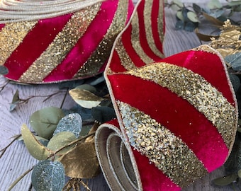 Designer Holiday Christmas Fall Halloween Luxury velvet wired ribbon bow 4" x 10 yard Gold Glitter diagonal Stripe Striped hot pink