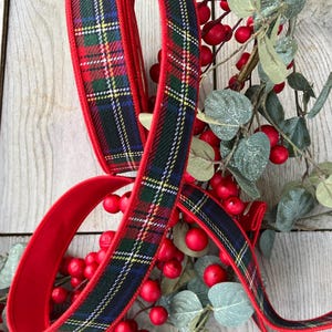 Può includere: Un nastro in tessuto con un motivo scozzese tartan verde scuro, blu navy e rosso con sottili linee di accento gialle e bianche, rifinito con bordi rosso tinta unita su entrambi i lati, disposto in anelli e pieghe morbide.