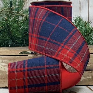 Fita de Natal Ralph Lauren de 10 cm x 9 m, em algodão xadrez, com arame, nas cores vermelho e azul marinho.