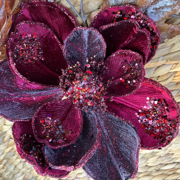 ALMOST GONE Christmas Holiday Ornament Clip Floral Magnolia Glitter Velvet Burgundy Ruby Red Valentines Day 8"