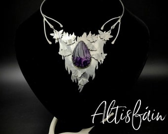 Collier inox améthyste papillon, "Les Diaboliques: Nyx", serti pierre améthyste inspiration elfique, collier féérique, art nouveau