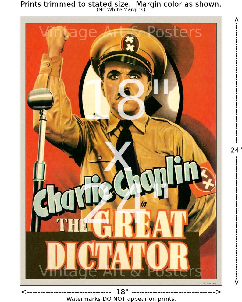 Op de afbeelding: Een vintage filmposter voor de film "De Grote Diktator" met Charlie Chaplin. De poster heeft een rode achtergrond met een groot beeld van Chaplin in militair uniform, met zijn vuist in de lucht. De poster is 45,7 cm breed en 61 cm hoog.