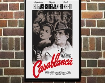 Casablanca Movie Poster, Bogart, Bergman, Vintage Film Art Print, Lobby Card for Movie Media Room Home Office Decor Wall Art (485)