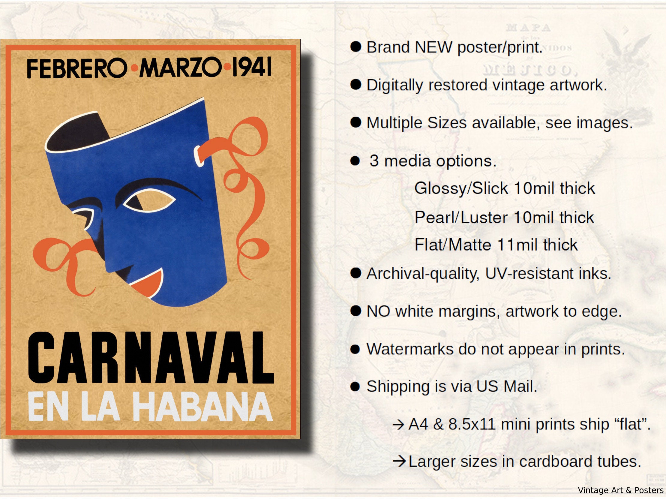 Art Deco Print Carnaval in Havana Cuba, Carnaval Mask Masque