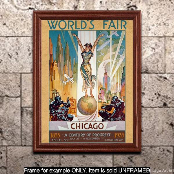 Art Deco Print Chicago Worlds Fair - Columbia - A Century of Progress 1933 - Vintage Art Deco Poster, Home Office Decor, Wall Art (43)