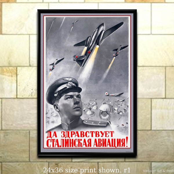 Vintage Soviet Propaganda Poster, Long Live Stalin's Airforce!,  11"x17" Satin-finish OVERSTOCK ITEM