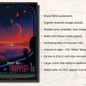 May include: A vintage-style travel poster with a red, orange, and blue color scheme. The poster features a view of a planet with a red ring around it, seen through a window. The text on the poster reads "Planet Hop from TRAPPIST-1e".