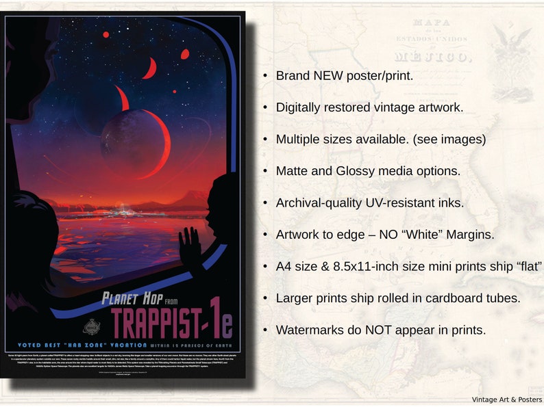 May include: A vintage-style travel poster with a red, orange, and blue color scheme. The poster features a view of a planet with a red ring around it, seen through a window. The text on the poster reads "Planet Hop from TRAPPIST-1e".