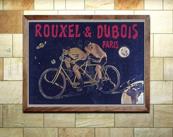 May include: Vintage poster advertising Rouxel & Dubois bicycles in Paris. The poster features a tandem bicycle with two riders against a starry night sky with a crescent moon.