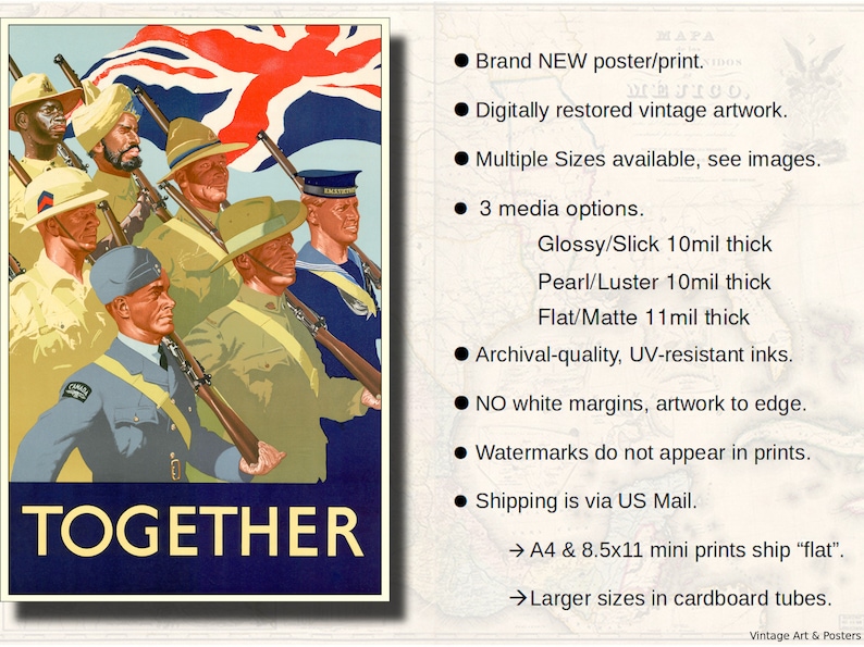WWII British Recruiting Poster Together Vintage British World War II Propaganda Art Print, Home Office Decor, Wall Art WWII 193 image 3