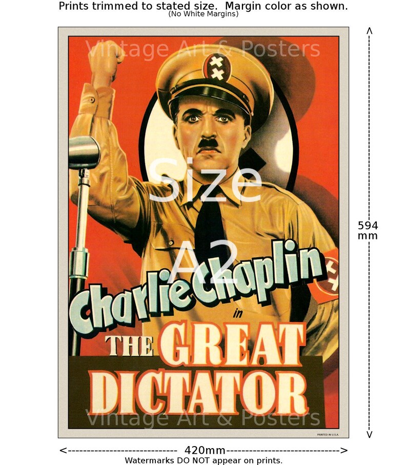 Op de afbeelding: Een vintage filmposter voor de film "De Grote Diktator" met Charlie Chaplin. De poster heeft een rood, wit en zwart kleurenschema met een groot beeld van Chaplin in militair uniform. De tekst "Charlie Chaplin in De Grote Diktator" is gedrukt in vetgedrukte, witte letters.