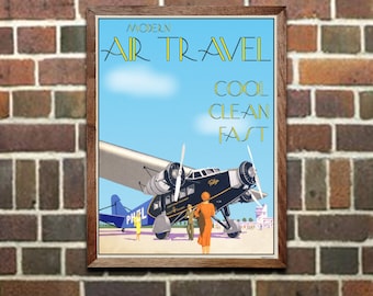 Puede incluir: Un cartel de viaje vintage que anuncia viajes aéreos con el texto "MODERN AIR TRAVEL COOL CLEAN FAST" y una imagen de un avión azul y negro en una pista.
