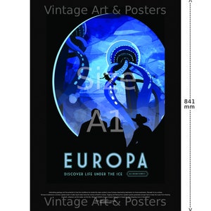 May include: A vintage style poster with a blue and black color scheme. The poster features a large, stylized image of a tentacled creature emerging from a blue, icy surface. The text "EUROPA" is printed in white letters at the bottom of the poster, with the tagline "DISCOVER LIFE UNDER THE ICE".