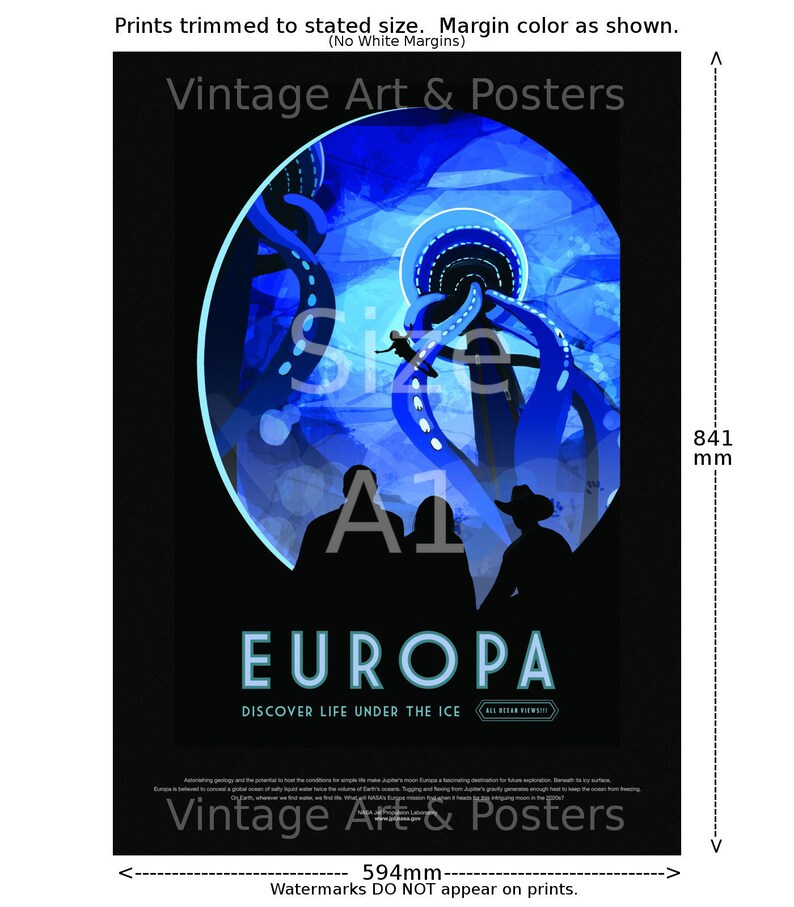 May include: A vintage style poster with a blue and black color scheme. The poster features a large, stylized image of a tentacled creature emerging from a blue, icy surface. The text "EUROPA" is printed in white letters at the bottom of the poster, with the tagline "DISCOVER LIFE UNDER THE ICE".