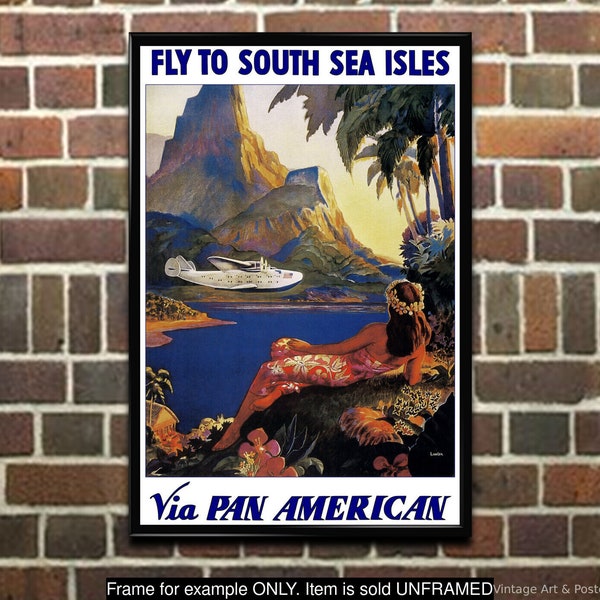 Poster de voyage Fly to South Sea Isles, impression d'art vintage de compagnie aérienne, aviation, décoration de bureau à domicile, art mural (29)