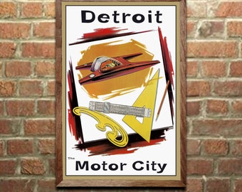 Travel Poster Detroit the Motor City, Vintage Art Print, Home Office Decor, Wall Art