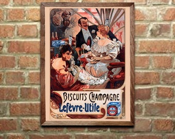 Art Nouveau Print - Alphonse Mucha - Biscuits Champagne Lefevere Util 1896 Vintage Art Poster, Home Office Decor, Wall Art (148)