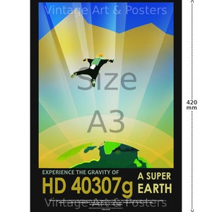 May include: A vintage style poster with a yellow, green, and blue color scheme. The poster features a stylized illustration of a person falling towards a green and blue planet. The text on the poster reads "Experience the Gravity of HD 40307g A Super Earth". The poster is sized A3, which is 297mm by 420mm.