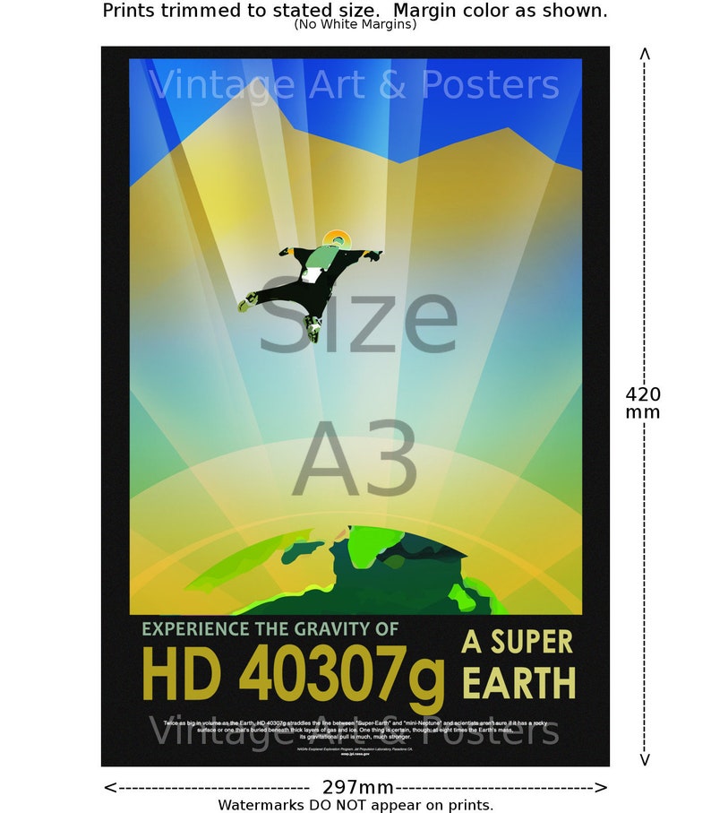 May include: A vintage style poster with a yellow, green, and blue color scheme. The poster features a stylized illustration of a person falling towards a green and blue planet. The text on the poster reads "Experience the Gravity of HD 40307g A Super Earth". The poster is sized A3, which is 297mm by 420mm.
