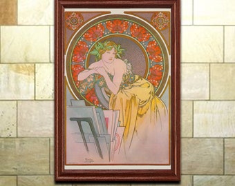 Art Nouveau Print, Alphonse Mucha Girl with Easel 1898, Vintage Art Poster, Home Office Decor, Wall Art (680)