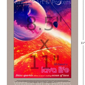 May include: A vintage-style poster with a colorful illustration of a planet with a red surface and a large, transparent sphere in the sky. The text on the poster reads "55 Cancri e lava life Skies sparkle above a never-ending ocean of lava". The poster measures 8.5 inches by 11 inches.