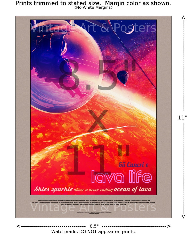May include: A vintage-style poster with a colorful illustration of a planet with a red surface and a large, transparent sphere in the sky. The text on the poster reads "55 Cancri e lava life Skies sparkle above a never-ending ocean of lava". The poster measures 8.5 inches by 11 inches.