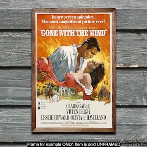 Movie Poster Gone with the Wind, Gable, Leigh, Vintage Film Art Print, Lobby Card Wall Art for Movie Room, Home or Office Decor