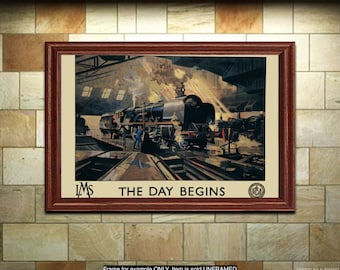 British Railroad Travel Poster Day Begins, LMS, Vintage Print, Wall Art for Home or Office Decor
