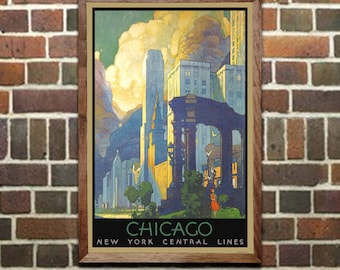 Railroad Travel Poster Chicago,  NY Central, Vintage Print, Wall Art for Home or Office Decor