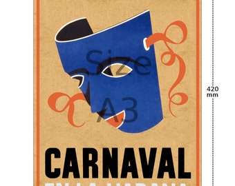 Art Deco Print Carnaval in Havana Cuba, Carnaval Mask Masque Poster, Wall  Art for Home or office Decor (132)
